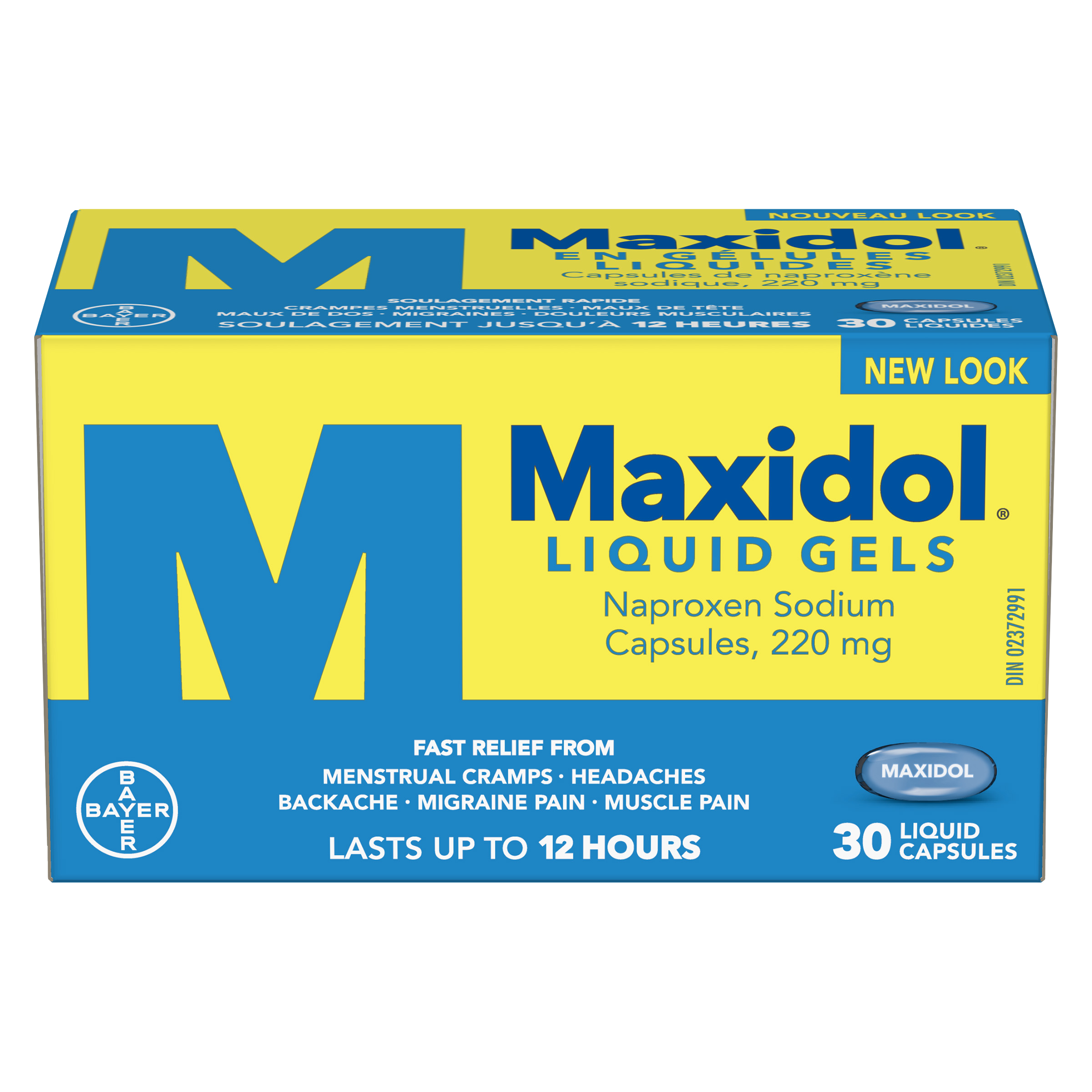 Yellow and blue box of Midol Liquid Gel tablets