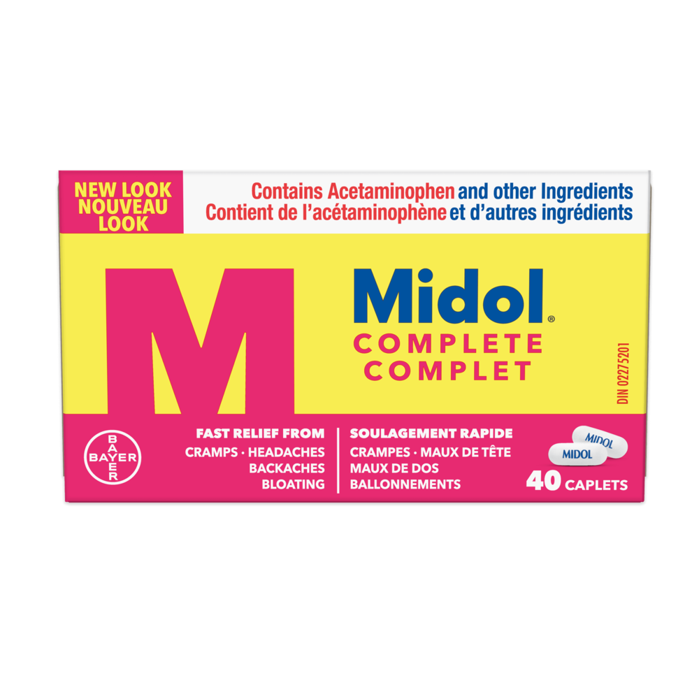 Large image of pink and yellow box of Midol Complete