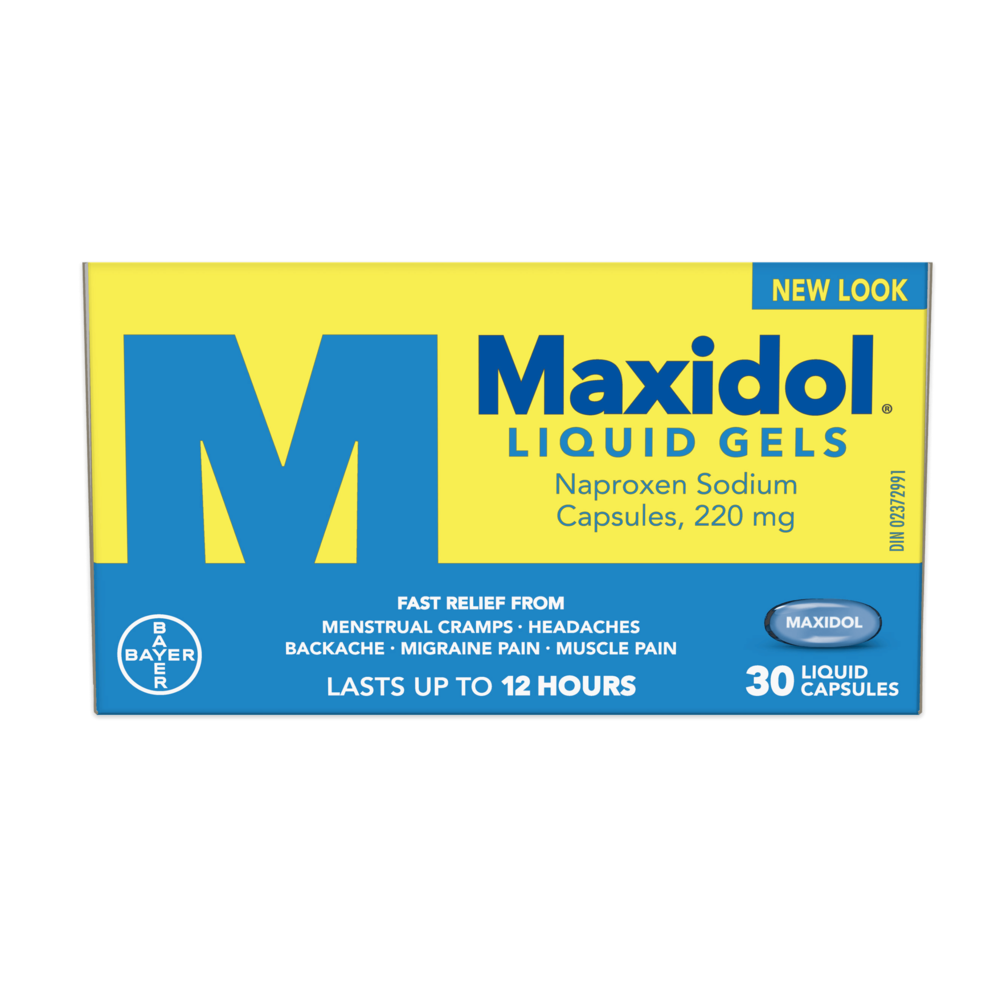 Large image of yellow and blue box of Midol Lquid Gel tablets
