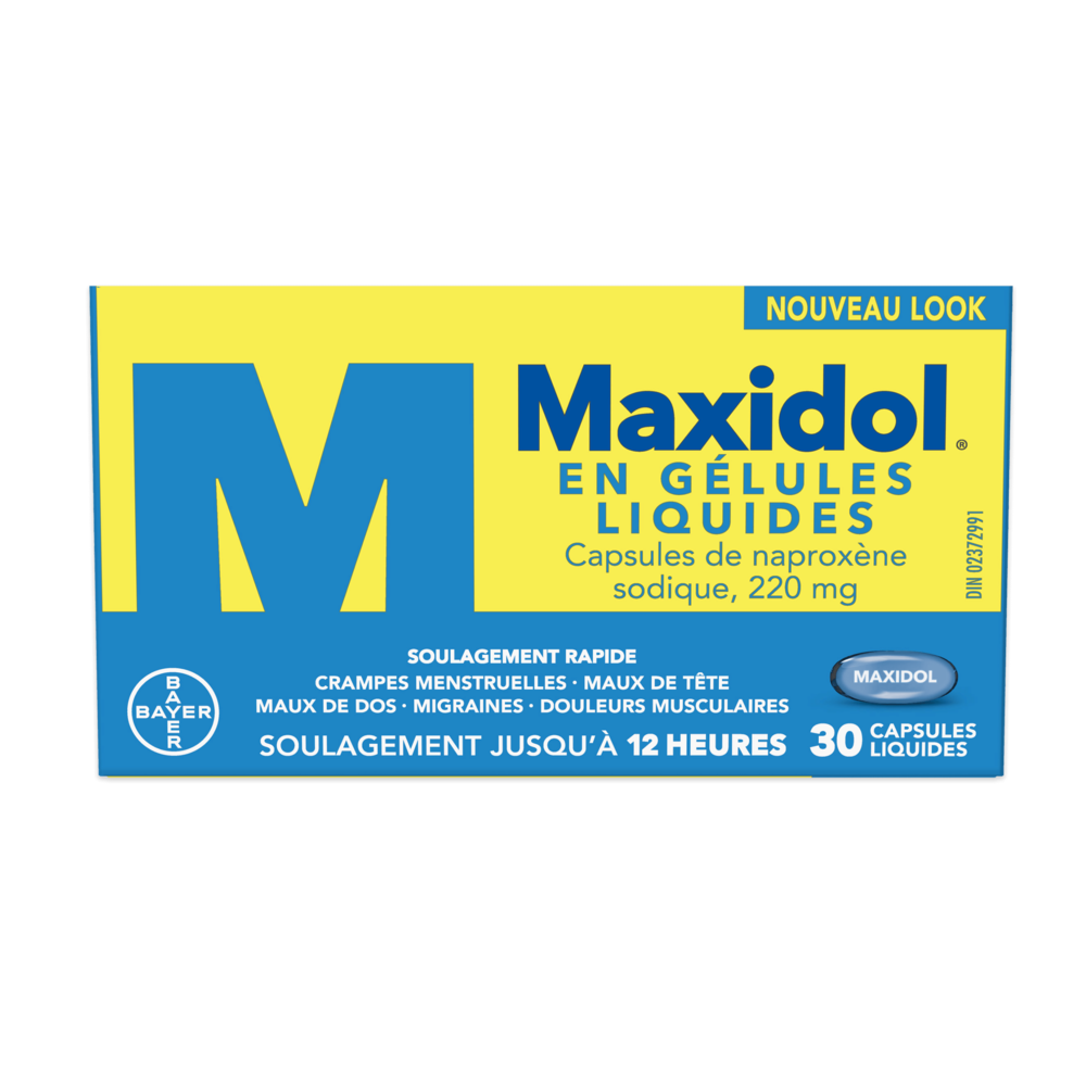 Large image of yellow and blue box of Midol Lquid Gel tablets